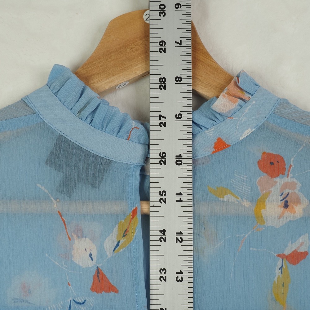 Blue Floral Ruffle Blouse S Sheer Romantic Cottagecore Garden Party Feminine - Picture 7 of 7